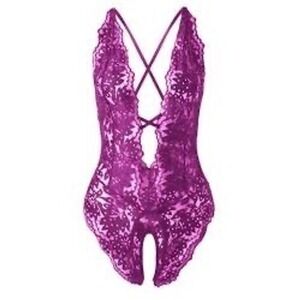 Purple Floral Lace Strappy Teddy Bodysuit Deep V Neck XXL plus sized lingerie